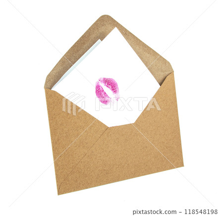 Craft envelope with lip kiss track isolated on the white 118548198