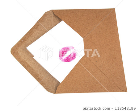 Craft envelope with lip kiss track isolated on the white 118548199