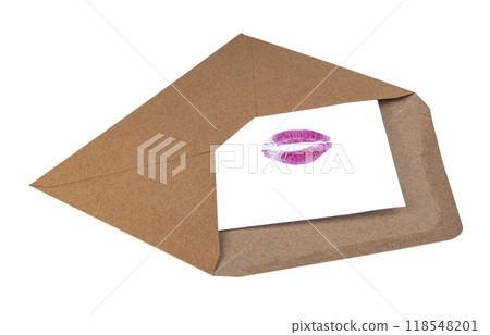 Craft envelope with lip kiss track isolated on the white 118548201