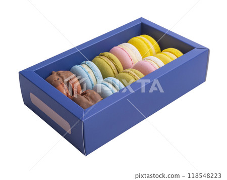 Exclusive macaroons in blue box isolated on the white Exclusive macaroons in blue box isolated on the white 118548223