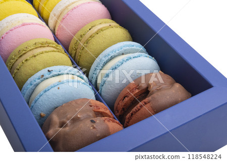 Exclusive macaroons in blue box isolated on the white Exclusive macaroons in blue box isolated on the white 118548224