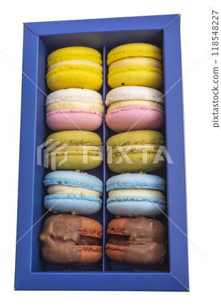Exclusive macaroons in blue box collection with flavor Exclusive macaroons in blue box collection with flavor 118548227