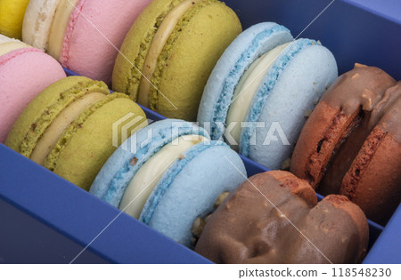 Exclusive macaroons in blue box collection with flavor Exclusive macaroons in blue box collection with flavor 118548230
