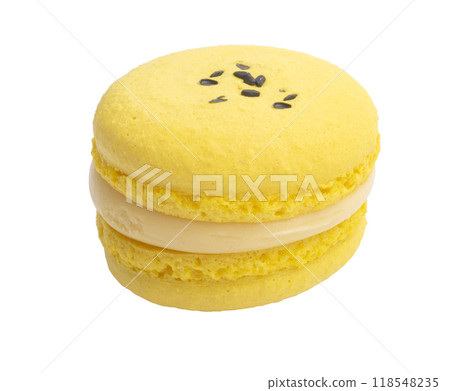 Exclusive yellow macaroon with flavor isolated on the white Exclusive yellow macaroon with flavor isolated on the white 118548235