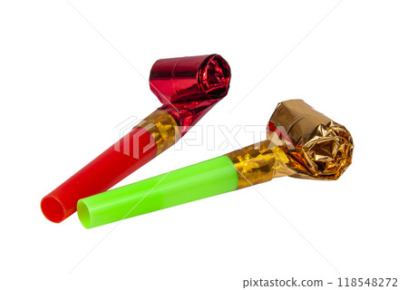 Party foil whistle or noise maker horn rolled isolated on the white 118548272