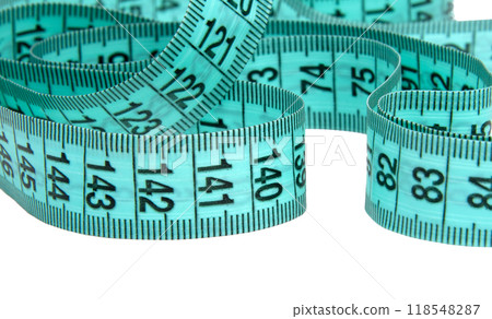 Blue rubber tape measure for sewing cloth or fabric isolated on the white Blue rubber tape measure for sewing cloth or fabric isolated on the white 118548287