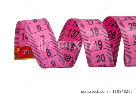 Pink rubber tape measure for sewing cloth or fabric isolated on the white 118548295