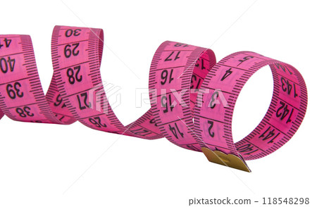 Pink rubber tape measure for sewing cloth or fabric isolated on the white Pink rubber tape measure for sewing cloth or fabric isolated on the white 118548298