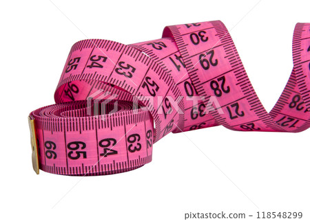 Pink rubber tape measure for sewing cloth or fabric isolated on the white Pink rubber tape measure for sewing cloth or fabric isolated on the white 118548299