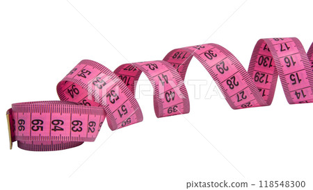 Pink rubber tape measure for sewing cloth or fabric isolated on the white Pink rubber tape measure for sewing cloth or fabric isolated on the white 118548300