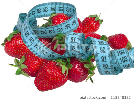 Red fresh strawberry with tape measure isolated on the white Red fresh strawberry with tape measure isolated on the white 118548322