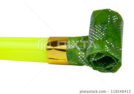 Party colorful foil noisemaker rolled or whistle isolated on the white 118548413