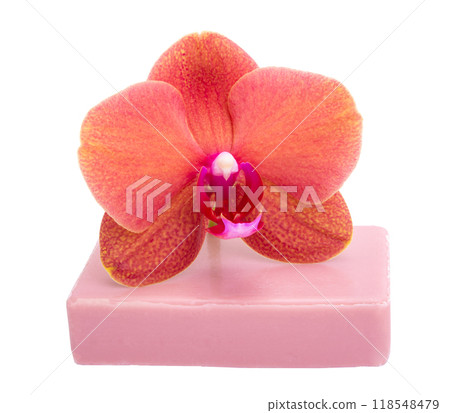 Beautiful phalaenopsis or exotic orchid flower on aroma soap isolated on the white Beautiful phalaenopsis or exotic orchid flower on aroma soap isolated on the white 118548479