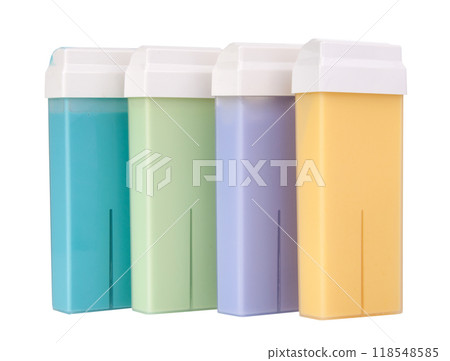 Multicolor wax in cartridge for depilation or epilation isolated on the white Multicolor wax in cartridge for depilation or epilation isolated on the white 118548585