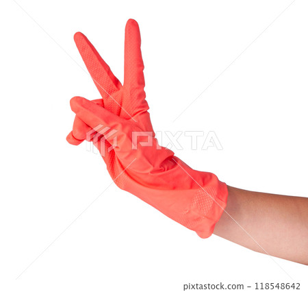 Pink rubber glove on woman hand isolated on the white 118548642
