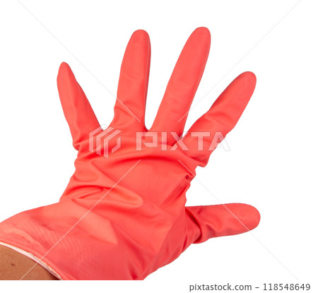 Pink rubber glove on woman hand isolated on the white 118548649