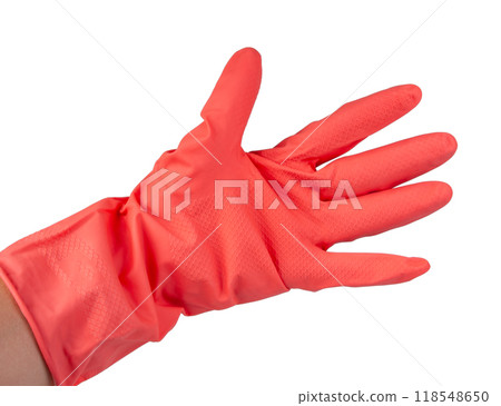 Pink rubber glove on woman hand isolated on the white Pink rubber glove on woman hand isolated on the white 118548650