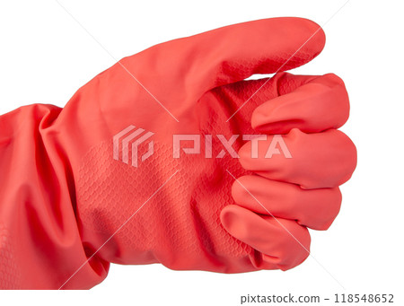 Pink rubber glove on woman hand isolated on the white 118548652