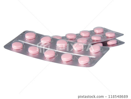 Pink pills for virus medcine isolated on the white 118548689