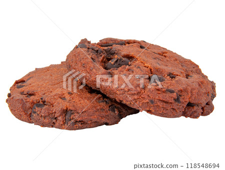 Brown american cookies with chocolate drops tasty bakery isolated on the white 118548694