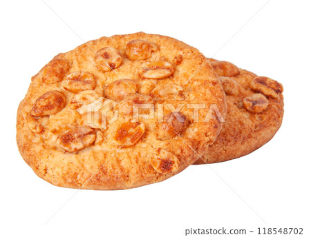 Tasty cookies with peanuts and honey baked isolated on the white Tasty cookies with peanuts and honey baked isolated on the white 118548702