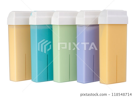 Multicolor wax in cartridge for depilation or epilation isolated on the white Multicolor wax in cartridge for depilation or epilation isolated on the white 118548714