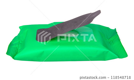 Green pack of wet wipes isolated on the white 118548718