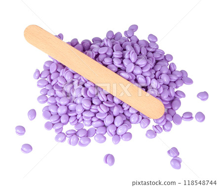 Aromatherapy violet lavender wax drops for depilation isolated on the white Aromatherapy violet lavender wax drops for depilation isolated on the white 118548744