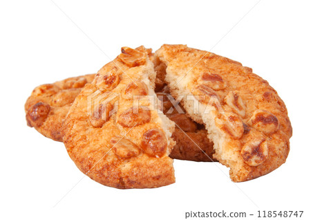 Tasty cookies with peanuts and honey baked isolated on the white 118548747