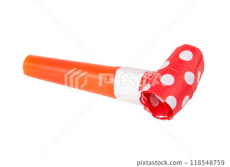 Rolled festive noisemaker or party whistle horn on the white Rolled festive noisemaker or party whistle horn on the white 118548759