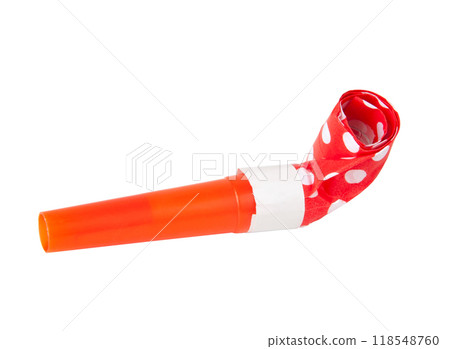 Rolled orange festive noisemaker or party whistle horn on the white isolated Rolled orange festive noisemaker or party whistle horn on the white isolated 118548760