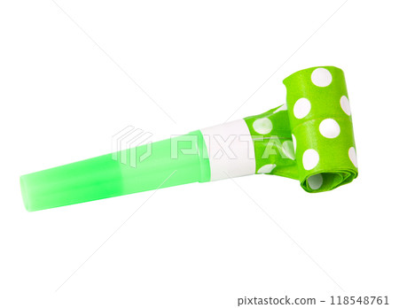Rolled green in dots festive noisemaker or party whistle horn on the white isolated Rolled green in dots festive noisemaker or party whistle horn on the white isolated 118548761
