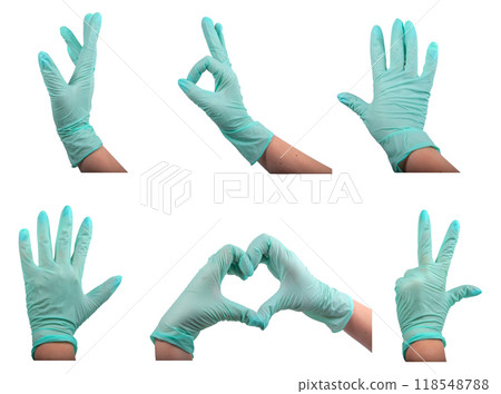 Collection or set of medcial rubber gloves on hand isolated on the white 118548788