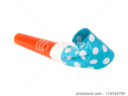 Rolled festive noisemaker or party whistle horn on the white isolated 118548799