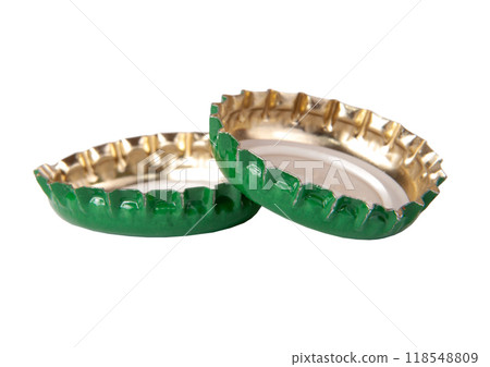 Metallic green two beer caps isolated on the white Metallic green two beer caps isolated on the white 118548809