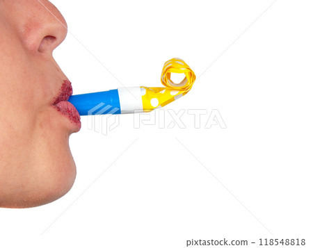 Party whistle in mouth on the white Party whistle in mouth on the white 118548818