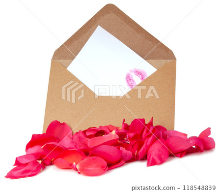 Pink petals of rose with letter in an envelope with kiss lipstick isolated on the white background 118548839