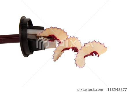 Pencil and spiral sawdust isolated on the white Pencil and spiral sawdust isolated on the white 118548877