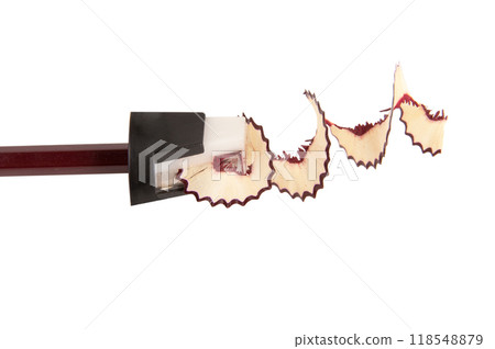 Pencil and spiral sawdust isolated on the white Pencil and spiral sawdust isolated on the white 118548879