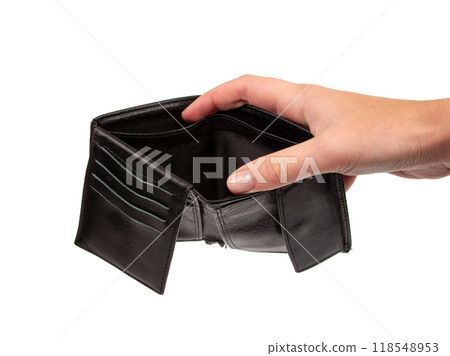 Black wallet in hand isolated on the white Black wallet in hand isolated on the white 118548953