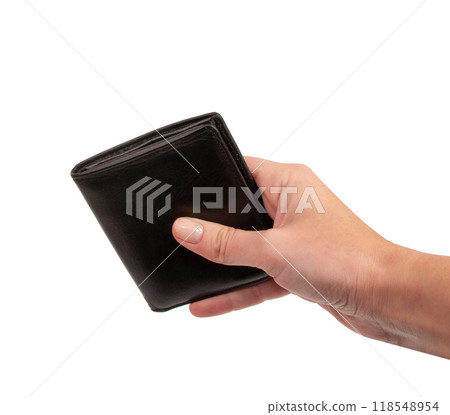 Black wallet in hand isolated on the white Black wallet in hand isolated on the white 118548954