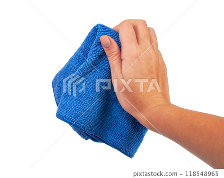 Blue cleaning rag in hand isolated on the white Blue cleaning rag in hand isolated on the white 118548965