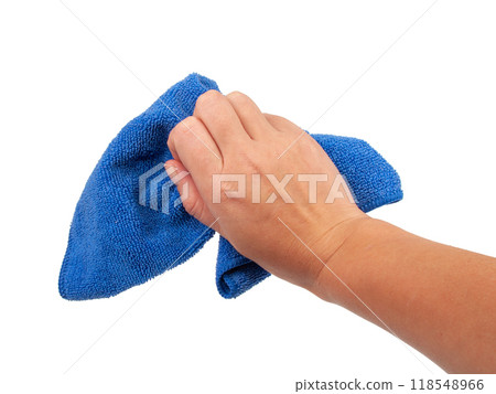 Blue cleaning rag in hand isolated on the white 118548966