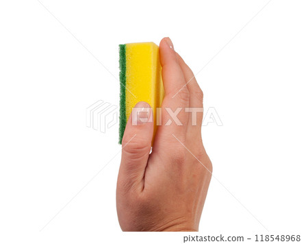 Sponge for washing dishes in hand isolated on the white 118548968