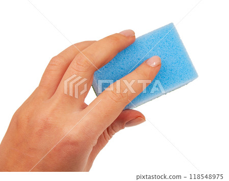 Sponge for washing dishes in hand isolated on the white Sponge for washing dishes in hand isolated on the white 118548975