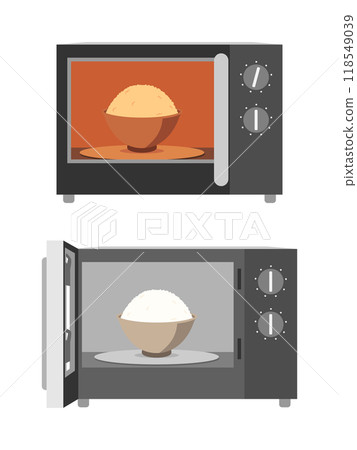 Illustration set of heating rice in a dial-type microwave oven 118549039
