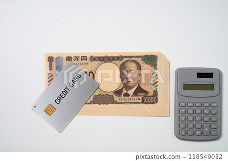 Credit card, new 10,000 yen bill and calculator Credit card, new 10,000 yen bill and calculator 118549052