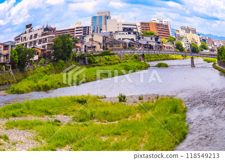 [Kyoto scenery] Kamo River seen through a fisheye lens (from Shichijo Ohashi Bridge to Sanjo Ohashi Bridge) 118549213
