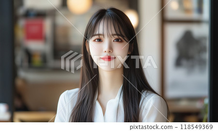 Portrait of a young, cute, smiling woman in a cafe 118549369