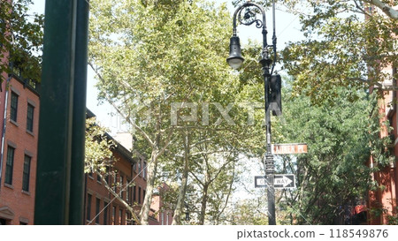 New York City townhouse building, Brooklyn Heights residential brownstone house architecture in USA. 118549876